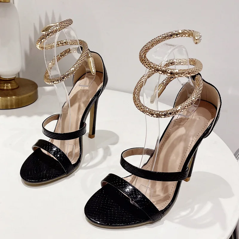 Eilyken Street Style Snake Print Ankle Strap New High Heels Women Sandals 2024 Summer Open Toe Narrow Band Banquet Party Shoes 7783
