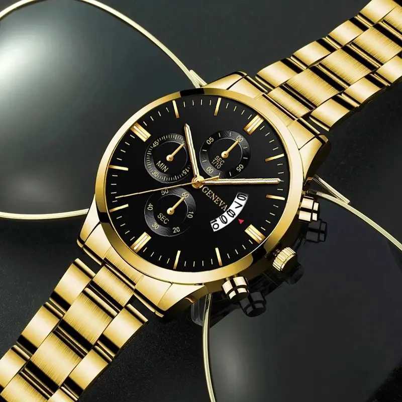 2023 Mens Gold Stainless Steel Luxury Calendar Quartz Wristband Mens Busan es for Man Clock Reloj Hombre W250104