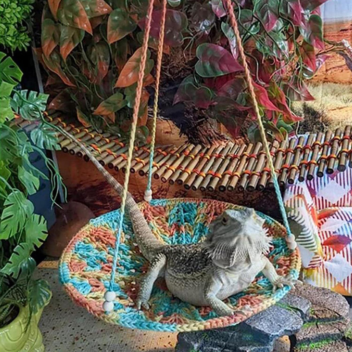 Reptile Lizard Hammock Cotton Ropes Hand Woven Iguana Hamster Swing Toy Round Bearded Dragon Hanging Sleeping Bed Mat