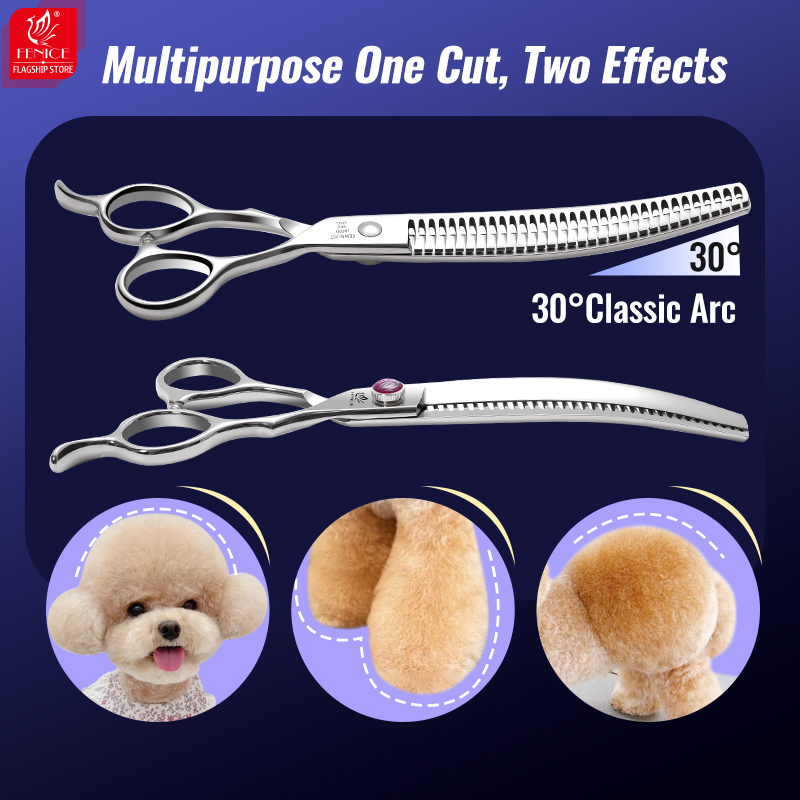 Fenice Dog Beauty Scissors 7.0/7.5/8 inch Professional Dog Grooming Scissors Straight/Curved Chunker Shears Shark Teeth JP440C