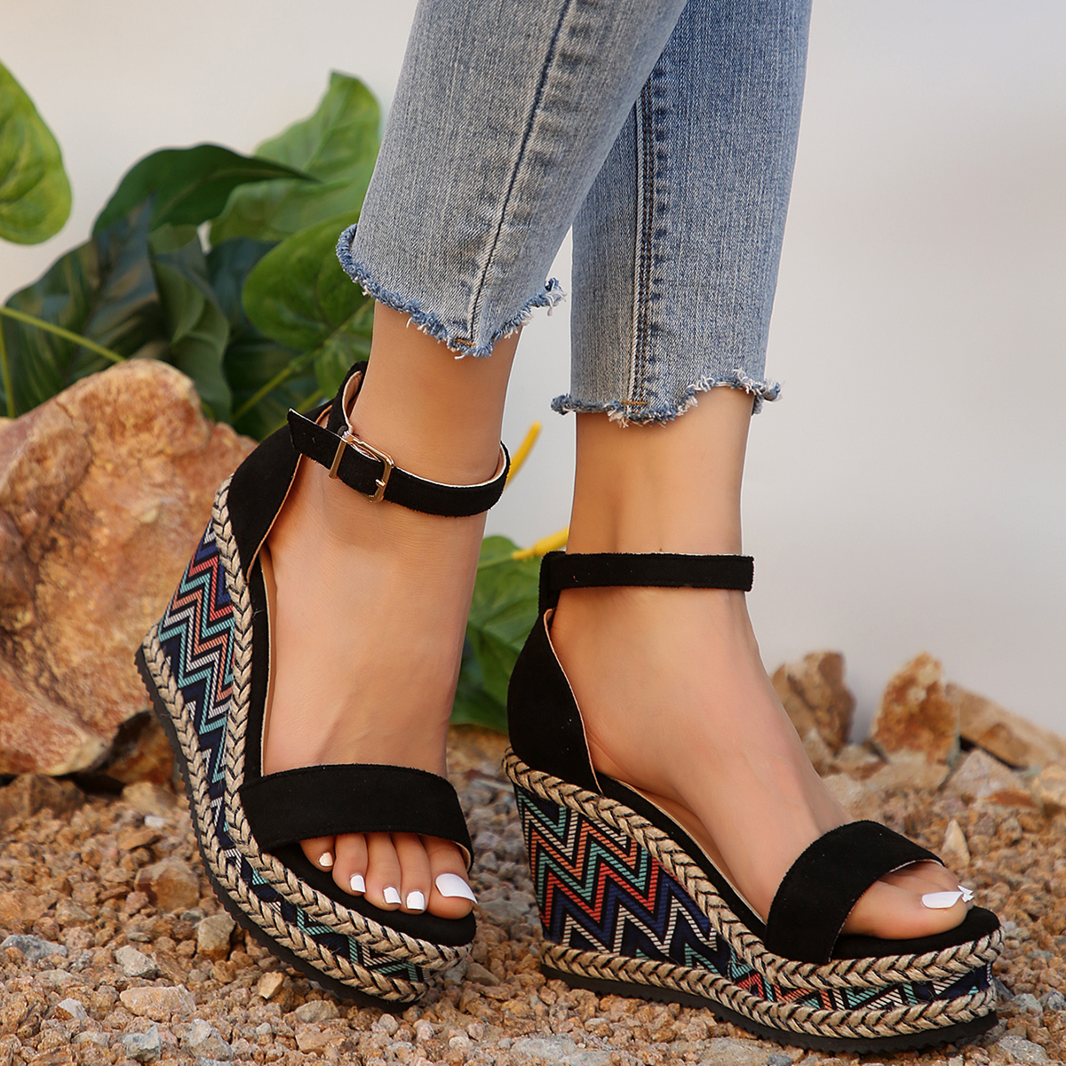 New Striped Sexy Women Wedges Sandals Fashion Buckle Strap Cover Heel Female Shoes Outdoor Anti-Slip Thick Bottom Platform Sandalias 0867