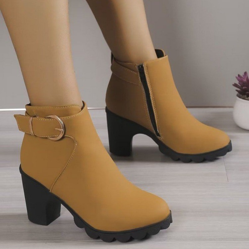 New 2024 High-heeled Chunky Casual Muffin Platform Round Head Women's Large-size Ankle Boots 5d45