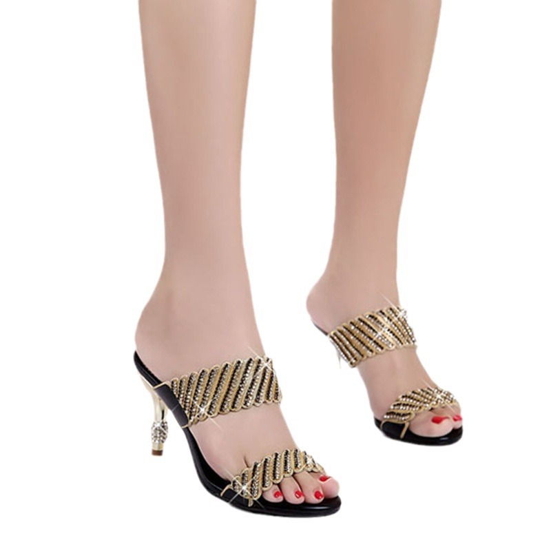2024 New Women's Summer Fashion Sexy Sandals Gold One-word Diamond Stiletto Heel Medium Heel Rhinestone Sandals