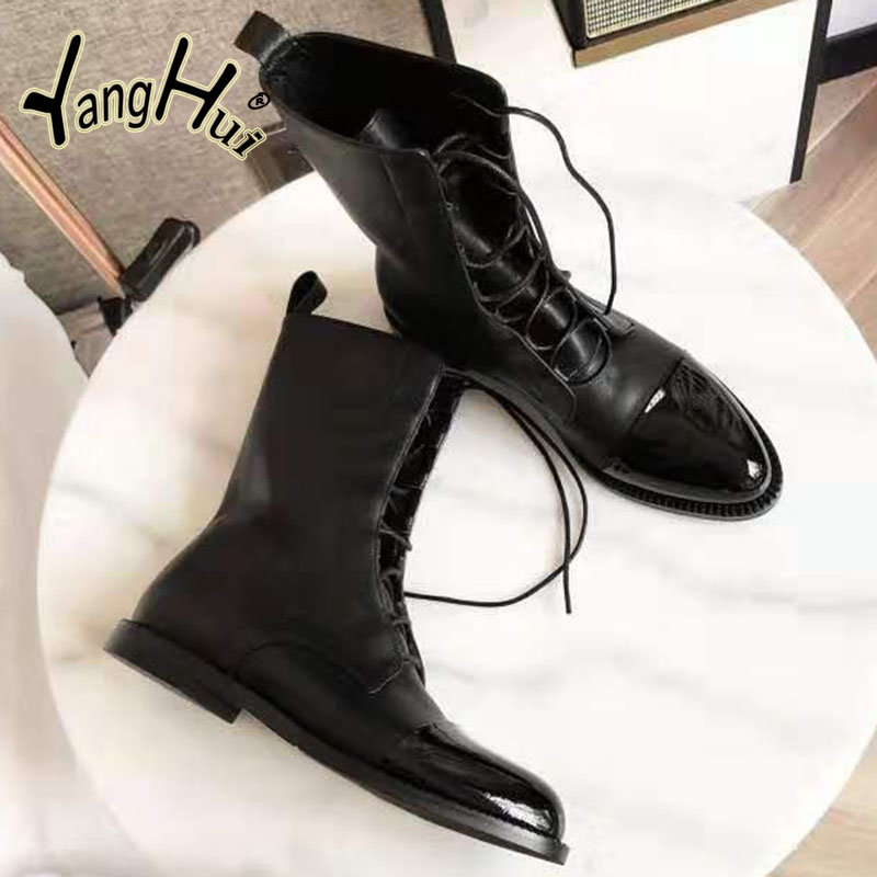 Women's Modern Mid-calf Boots Soft Leather British Style Fashion Lace Big Size Platform Shoes for Women 2023 New Autumn Winter