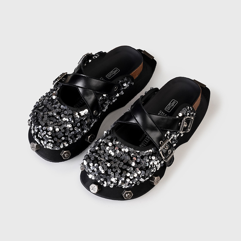Bright Summer skin Women New Slippers Platform Rivets Punk Rock Leather Mules Creative Metal Fittings Casual Party Shoes Female Outd