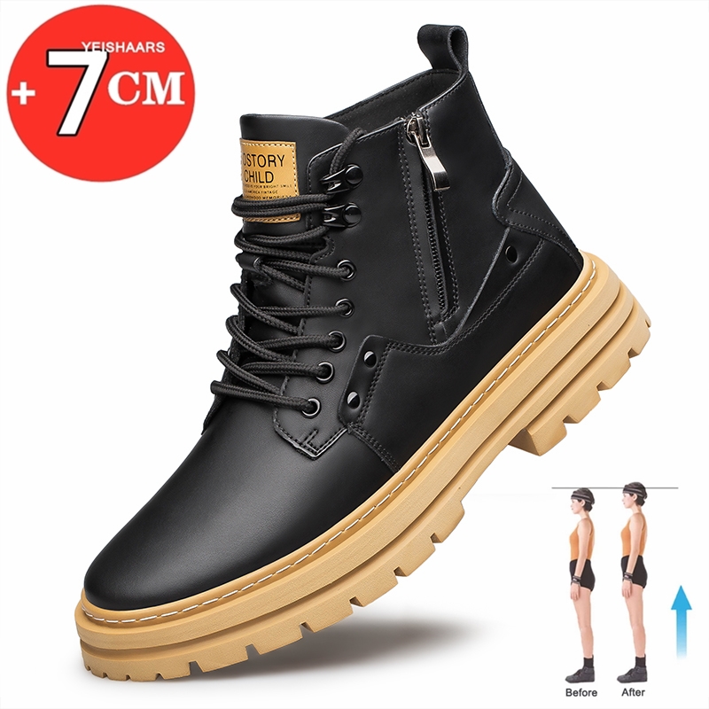 Men Boots Elevator Shoes High Quality Zip Leather Boots Hidden Heels Heightening Shoes Man Increase Insole 7cm Masculino Taller