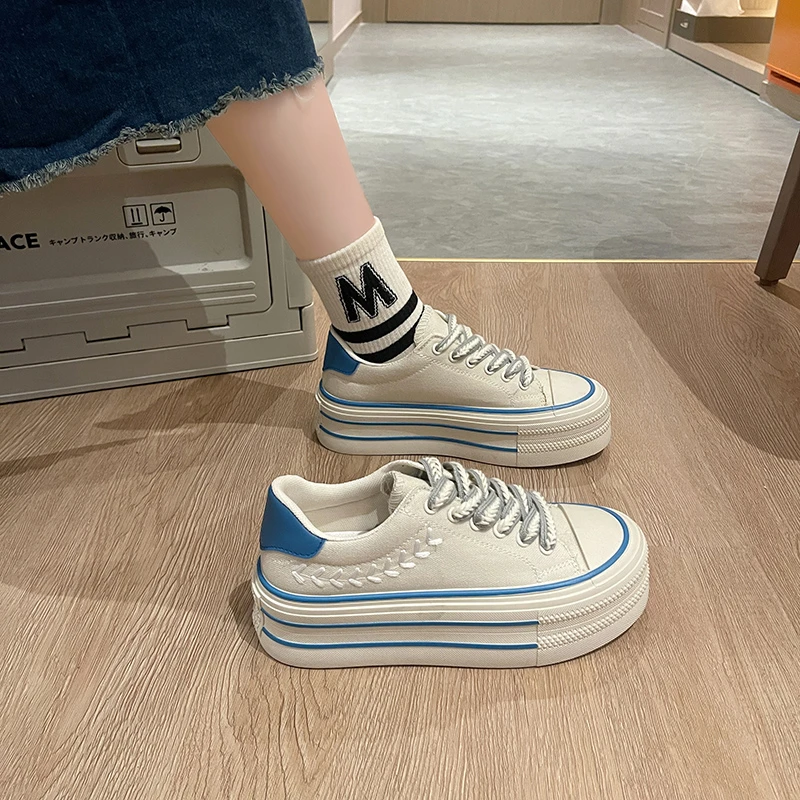 Women Platform Canvas Shoes Height Increasing Chunky Sneakers for Youth Girls Outdoor Trainers Female Ladies Thick Sole Footwear
