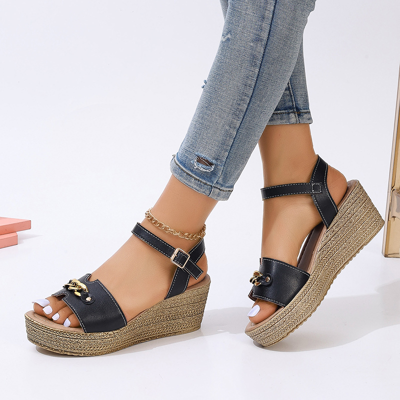Summer Rimocy Women Wedge Sandals with Golden Chain Ankle Buckle Thick Sole Sandalias Woman 2024 Chunky New Platform Sandles Ladies 5a08
