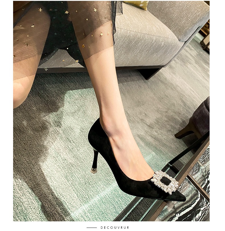 New Women High Heel Pumps Black Square Buckle Pointed Thin Heeled Baotou Banquet High Heeled Shoes Tacones Mujer Dress Shoes