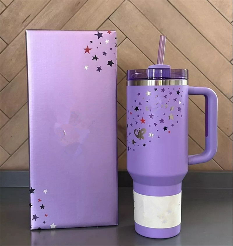 US Stock 40oz Tumblers Purple Star with Lid and Straw Stainless Steel Cups Love Shack Fancy ral Mug for Car Handle Pink Rose Blue Magnolia Lilac