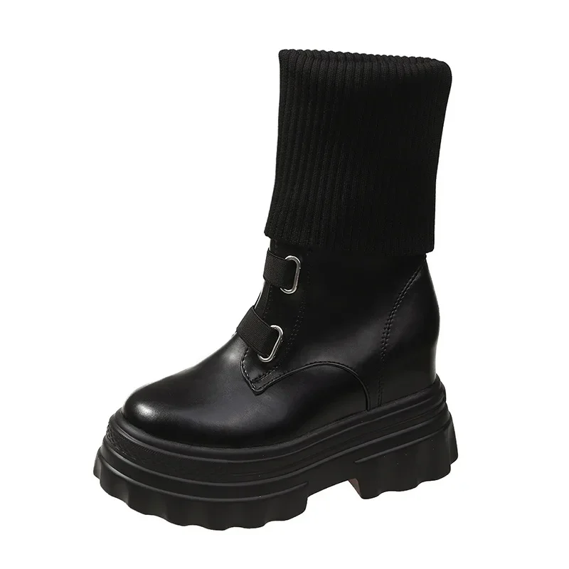 Platform Women Gothic Elastic New Band Wedges Boots Frosted Leather Thick Sole Punk Internal Increated Short Botas Mujer