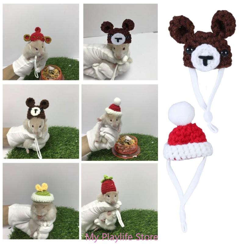 Handmade Crochet Small Pet Hat Adjustable Neckstrap Hamster Cartoon Costume Headgear Hat Winter Warm Hat Bird Headwear