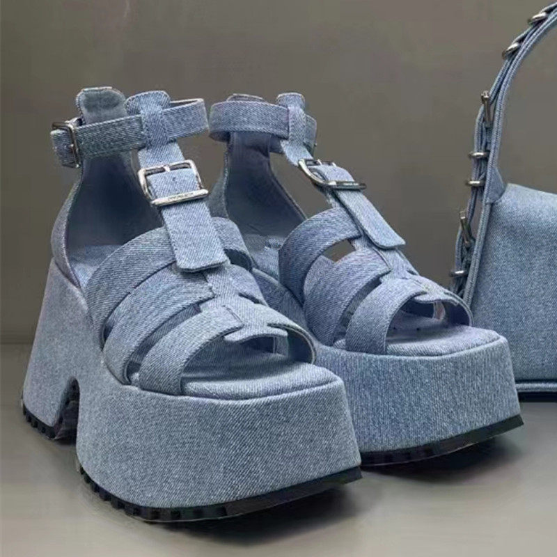 Buckles Wedge Denim Sandals Platform High Heel Rome Summer Sandalias T-strap New Ankle Wrap Cross Weave Heeled Shoes Designer Heels ed s