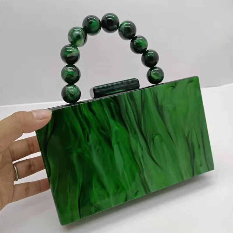 18X11 cm With Bead Chain Pearl Green Marbel Womens Acrylic Evening Party Clutch Handbag er Perspex Purse for Wedding Party 240903