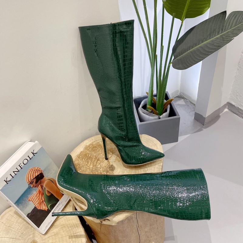 Snake pattern Fashion Patent Leather Women Knee-High Autumn Winter Concise Stiletto High heels Long Boots Shoes Botas 3861