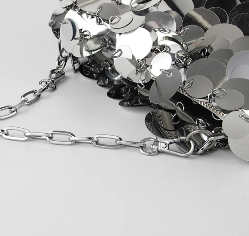 Women Bags er Silver Metal Sequins Chain Woven Bag Evening Bags Clutch Female Travel Holiday Shoulder Bag Handbag 240902