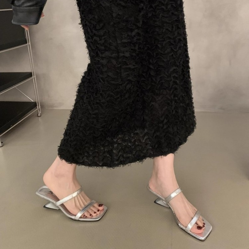 Summer 2024 New Simple Open-toed Thin Strap Wedge Sandals Square Head Sexy High-heeled Roman Slippers Flip ps Blue New Slides 1f5b