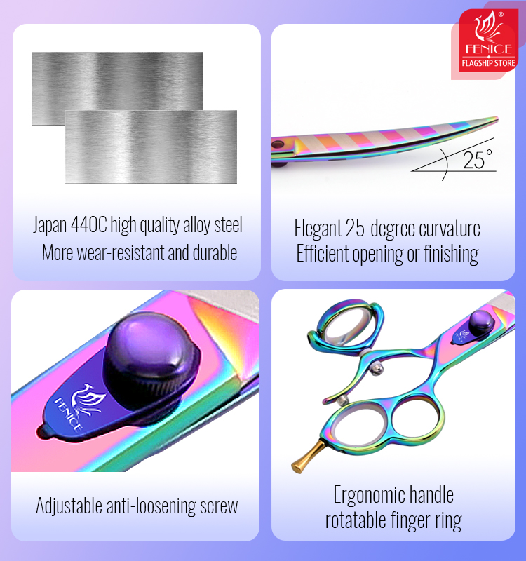 Fenice 8 inch Professional Pets Grooming Scissors 3 Hole 360° Rotating Handle Straight Curved Pet Hair Cutting Shears Scissors