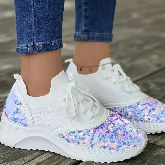 Casual Women Glitter New Sequins Sneakers Woman Fashion Lacing Large Size 43 Outdoor Sport Running Shoes atillas b0ce