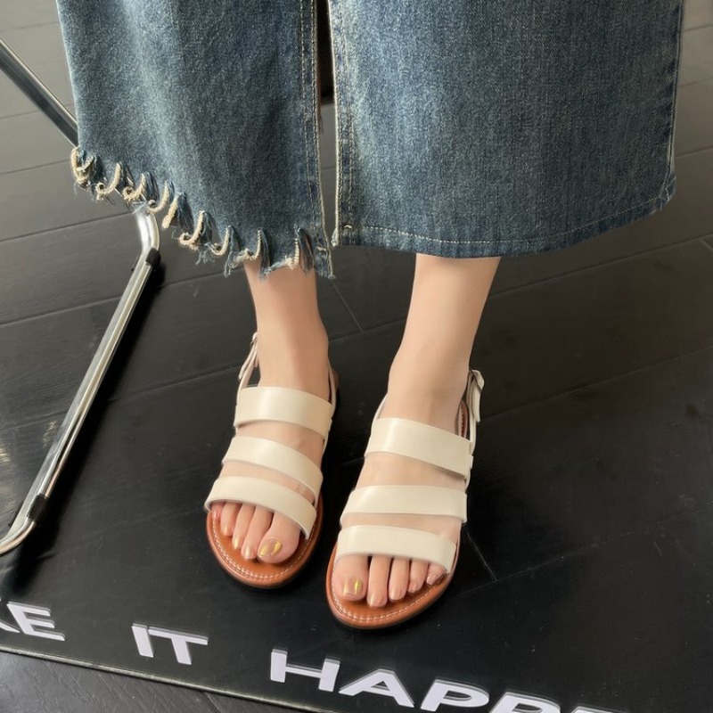 New 2024 Casual Low Heel Hot Selg Summer Solid Color Buckle New Shoes Rubber PU Women's Sandals 4b75