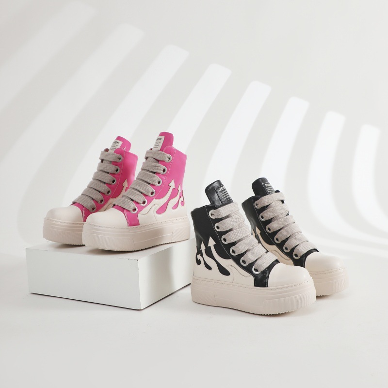 Women's Casual Unisex Sports High-top Thick Laces Lace-up Flat Sneakers Large Size with Coarse Sole Ankle Fashion Shoes 348c