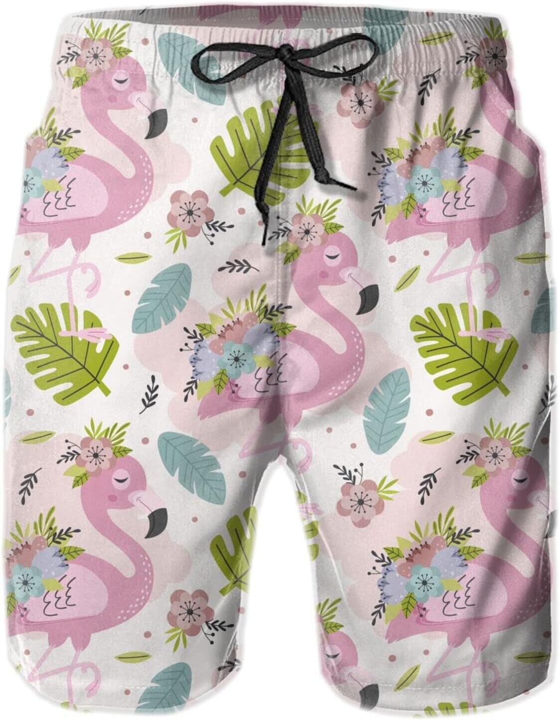 Mens Shorts 3D Printed Pattern Pretty Flamingo Swim Trunks Quick Dry Casual Beach Board Swimwear