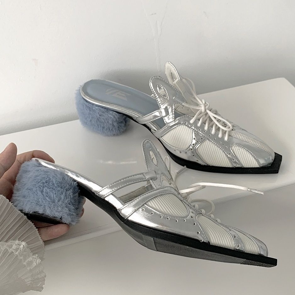 Pointed Muller ToeMetal Chain Fashion Office Ladies High New Heels Low Heel Slippers Women's Shoes Summer 2022