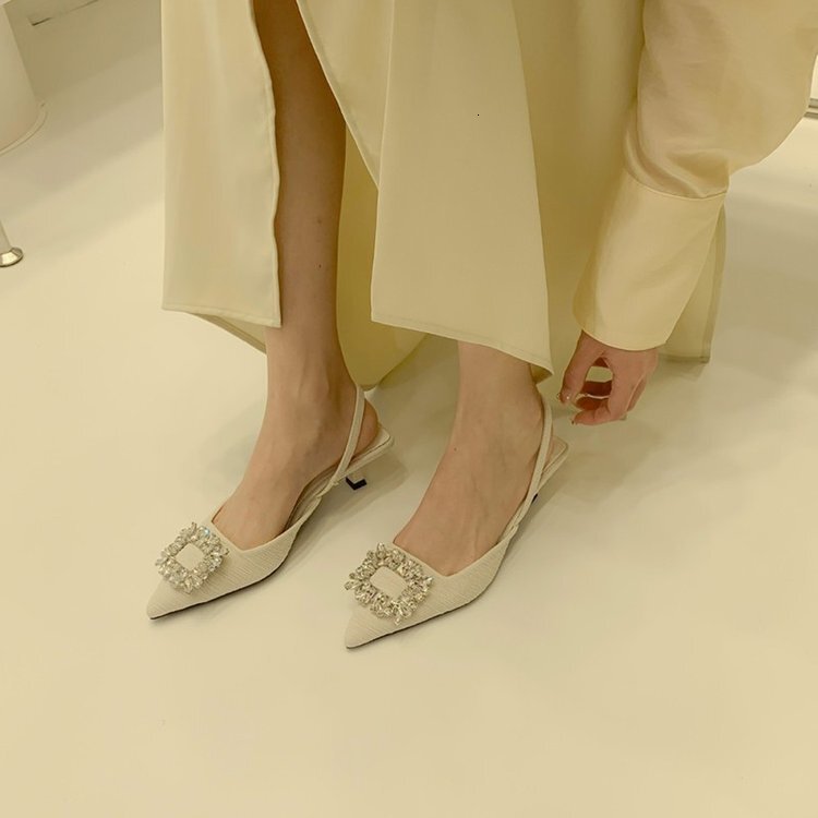designer heels women Baotou Sandals Women's 2024 New Summer Water Diamond Square Buckle Fairy Wind Back Air French Thin Heel High Heel Pointed Si