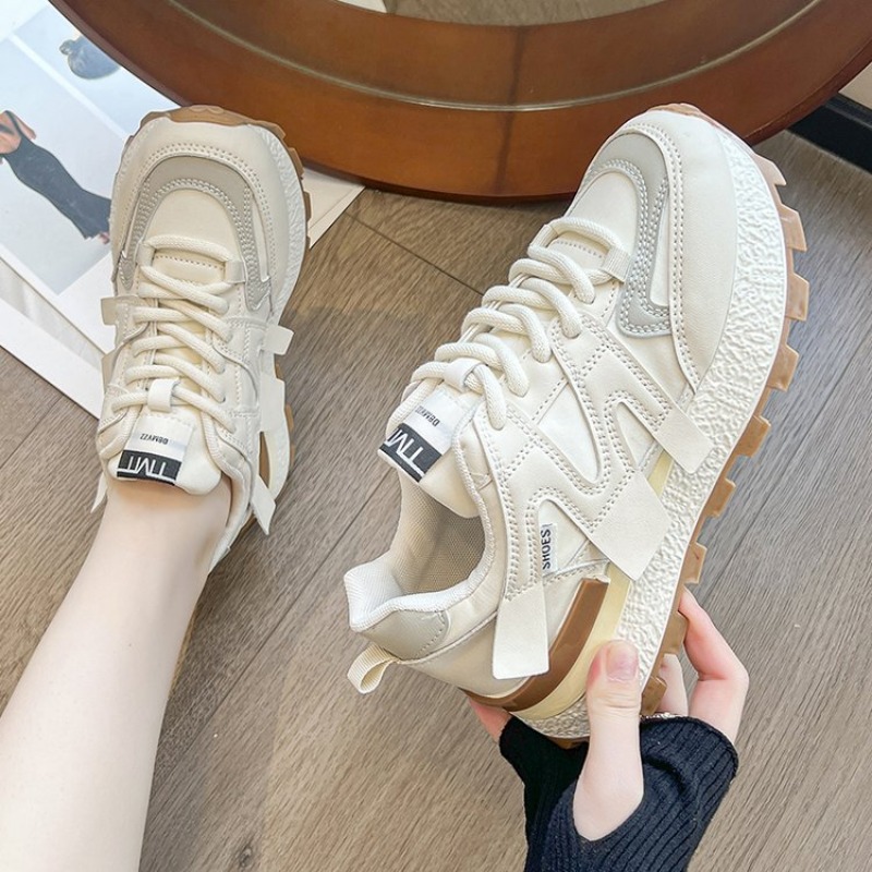 New 2024 PU Leather Women's White Casual Woman Vulcanize Sneakers Thick-soled Sport Walking Running Platform Flats Shoes f9db