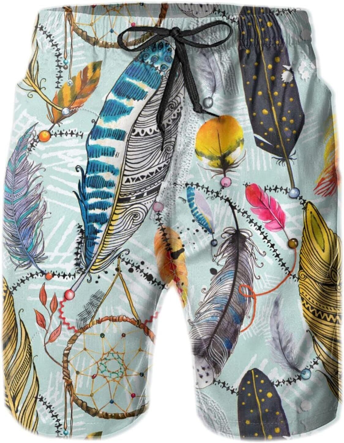 Mens Shorts 3D Printed Pattern Feather Dream Catcher Swim Trunks Quick Dry Fashion Beach Board Swimwear