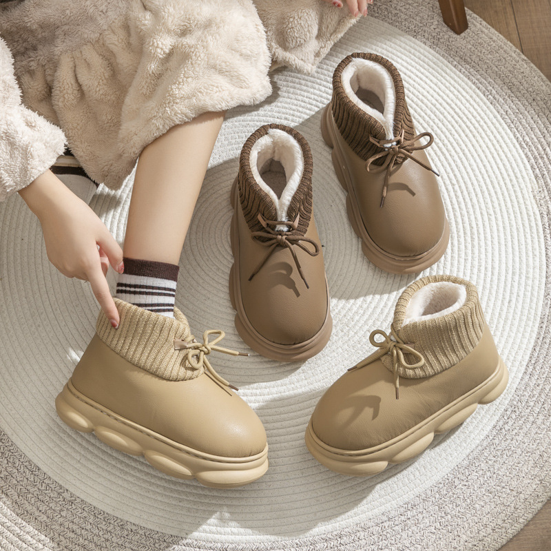 Waterproof 2024 Winter Shoes Woman Men Indoor Slippers Lace-up PU Leather High Top Footwear Couples Warm Platform Snow Boots