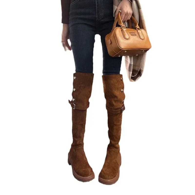 Over The Knee Cowboy Women Designer Winter Platform Fashion Fur Suede Wedges Thigh High Boots Motorcycle Shoes 2024 8230
