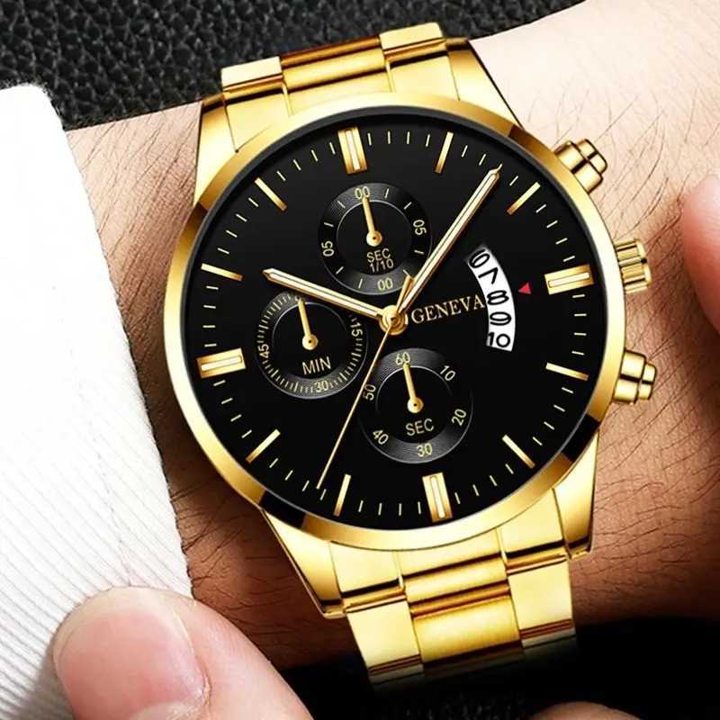 2023 Mens Gold Stainless Steel Luxury Calendar Quartz Wristband Mens Busan es for Man Clock Reloj Hombre W250104