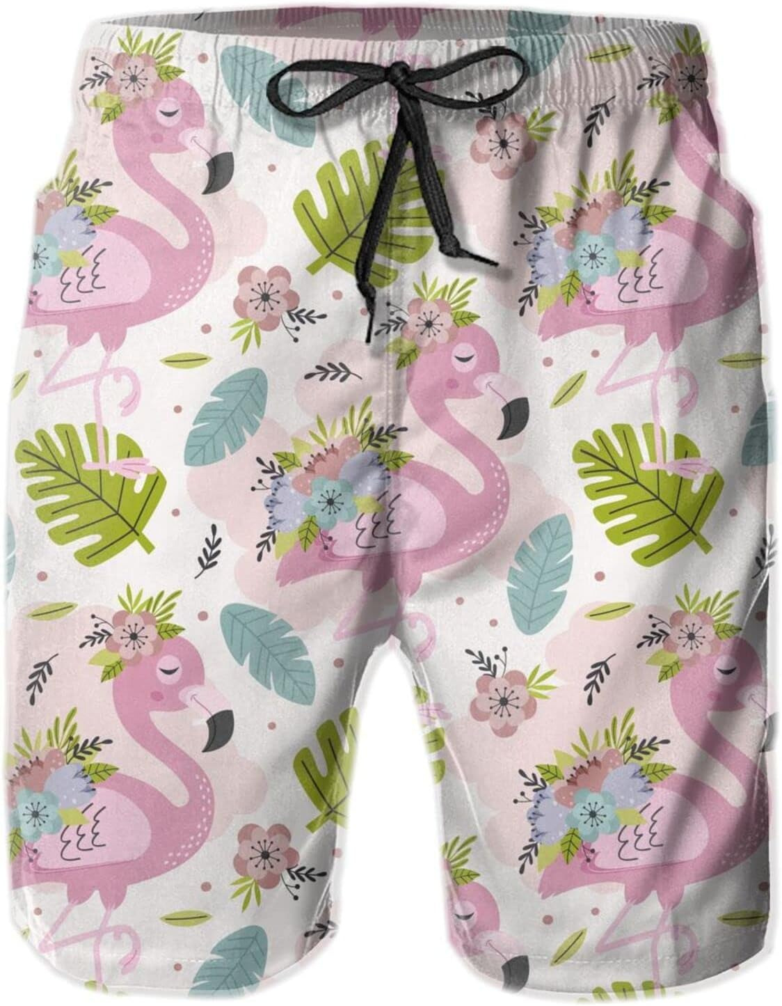 Mens Shorts 3D Printed Pattern Pretty Flamingo Swim Trunks Quick Dry Casual Beach Board Swimwear