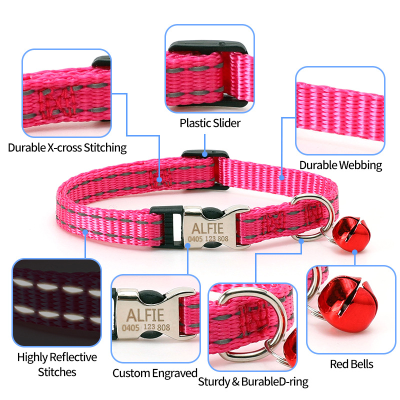 Personalized Customized ID Cat Collar, Adjustable Pet Collar Nylon Reflective Prevent Loss Design for Cats and Puppy Accessories