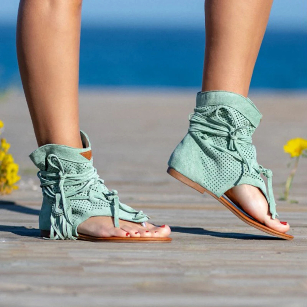 Tassel Retro Sandals For Woman New Summer Boho Flat Ladies Lace Up Beach Sandalias Mujer 2024 Women's Shoes 511a