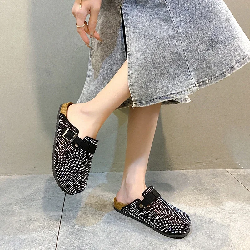 Shiny Outdoor Rhies Slippers Women's Shoes 2024 Summer Trend Platform Sandals Black Buckle Cork Clog Mules 2410