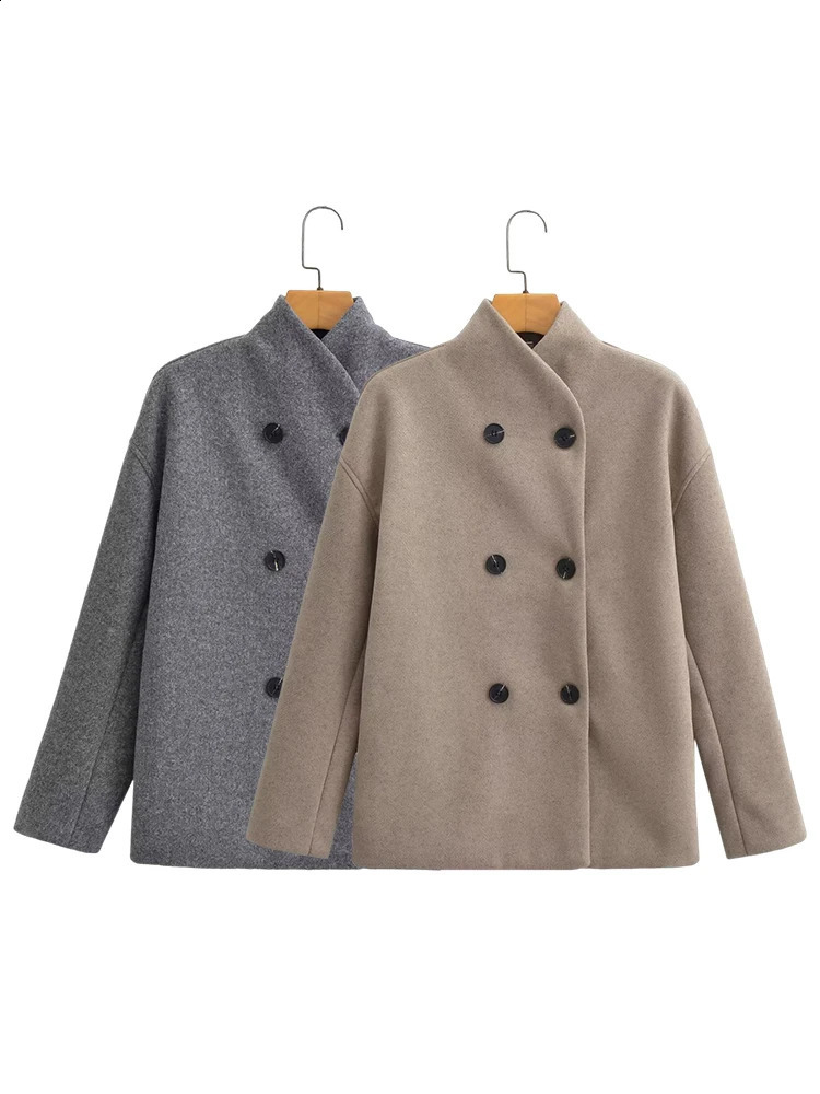 TRAF Womens Short sleeved Double breasted Coarse Fleece Jacket Fashion Long sleeved Stand up Collar Jacket 240902