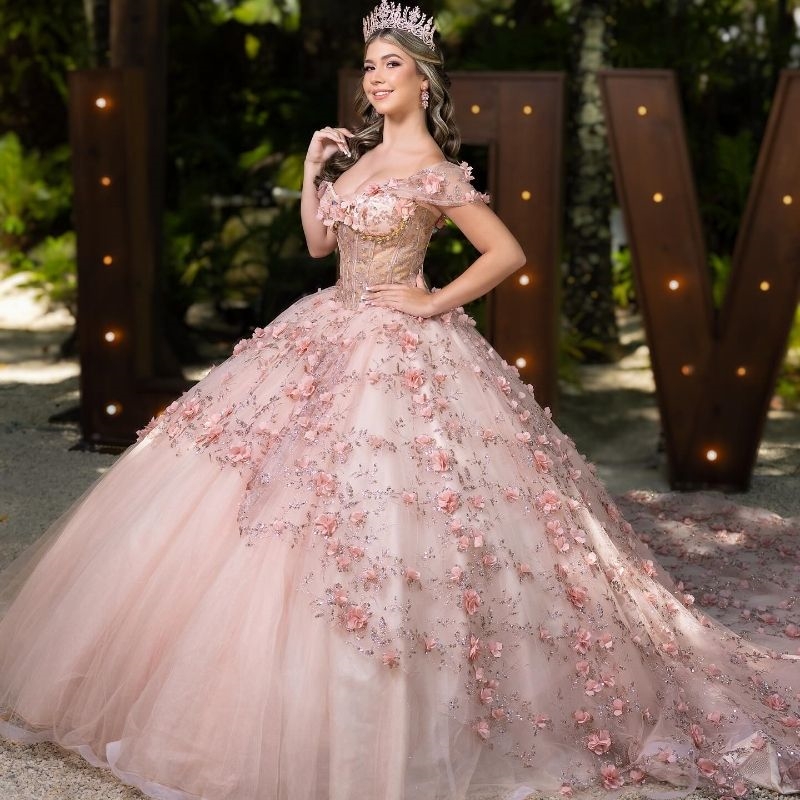 2024 Pink Shiny Princess Quinceanera Dresses Sequin Appliques Lace wer Beads Birthday Party Dress Tulle Sweet 16 Vestido De 15