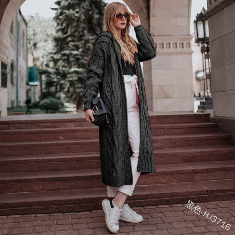 New autumn and winter hot solid hooded long loose cardigan sweater Fried Dough Twists knitwear women