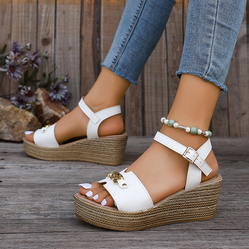 Summer Rimocy Women Wedge Sandals with Golden Chain Ankle Buckle Thick Sole Sandalias Woman 2024 Chunky New Platform Sandles Ladies 5a08