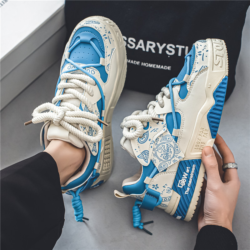 Trendy Green Designer Street Sneakers For Men Fashion Print Casual Skateboard Shoes Men Platform Low Lace-up Men's Skate Shoes