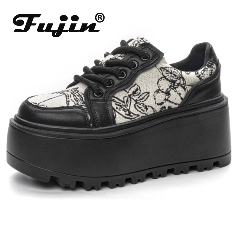 Fujin 8cm 2024 Denim Genuine Leather Print Cloth Platform Wedge Shoes Chunky Sneaker Casual Comfy High Brand Spring Autumn Shoes