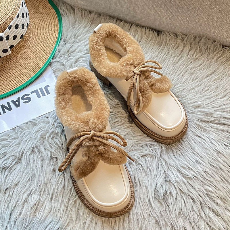 0b4e8 Up Lace fur Lamb leather woman black/white mixed New color cotton loafers women winter furry padded oxford shoes big size 43 ry