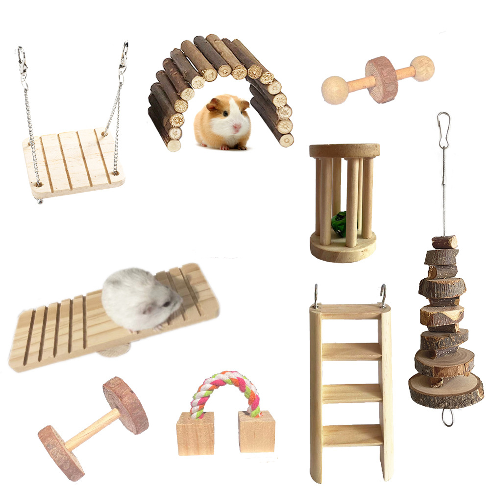 Cute Rabbit Roller Toys Natural Wooden Pine Dumbells Unicycle Bell Chew Toys for bird Guinea Pigs Rat Small Pet Molars Supplies