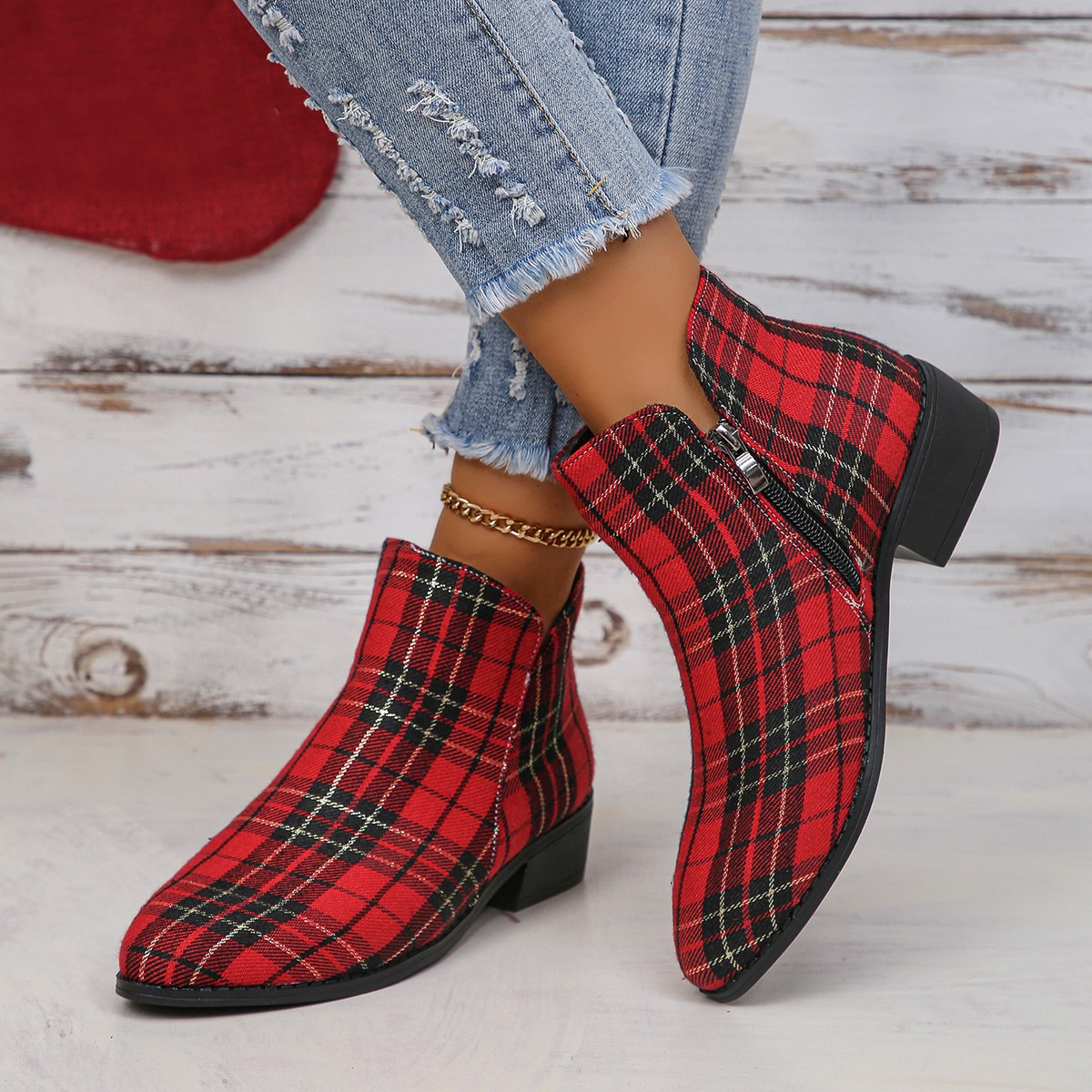 Ankle 2024 Women's Christmas Print Zipper Retro Red Plaid Boots Outdoor Platform Shoes Classic Side Booties d7db