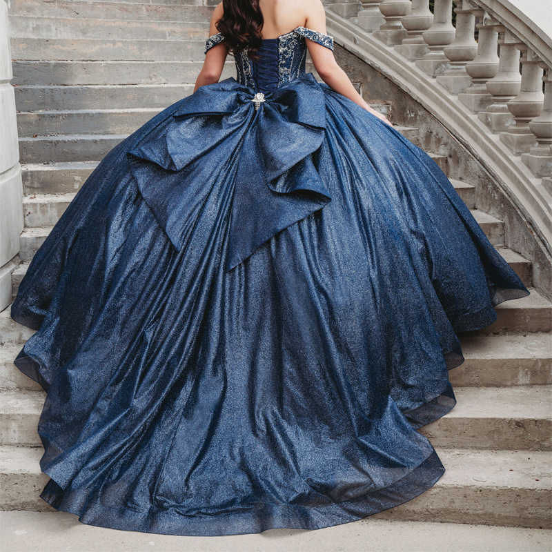 Navy Blue Shiny Quinceanera Dresses Off The Shoulder Princess Beads Crystal Bow Tull Sweet Birthday Party Gown Vestido De 15 Anos Sweet 16