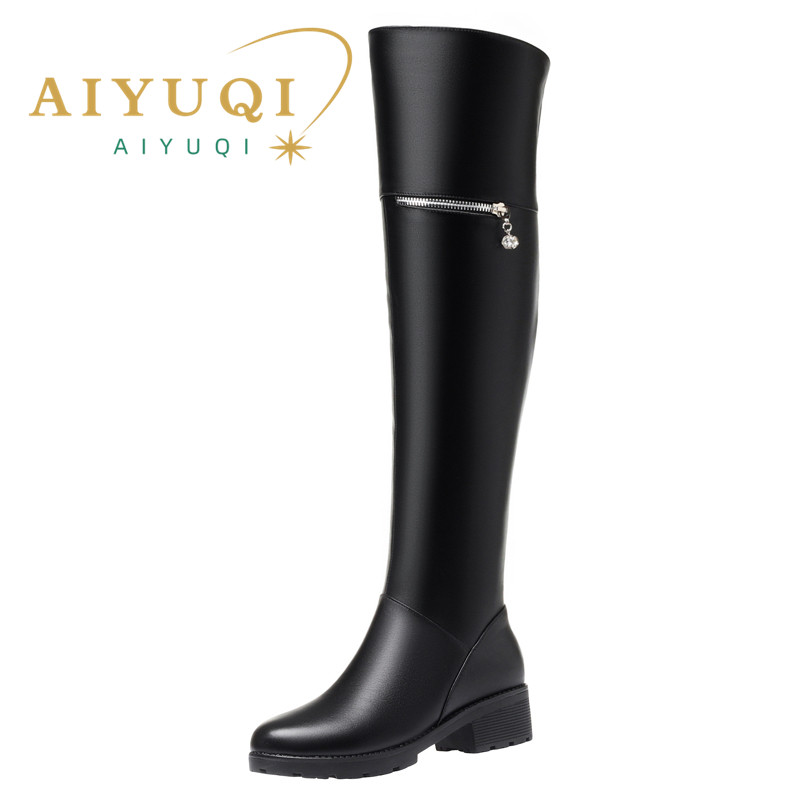 AIYUQI Women's Over Knee Boots Winter Fashion Middle Heel Fur Long Boots Women Genuine Leather Rider Boots Ladies