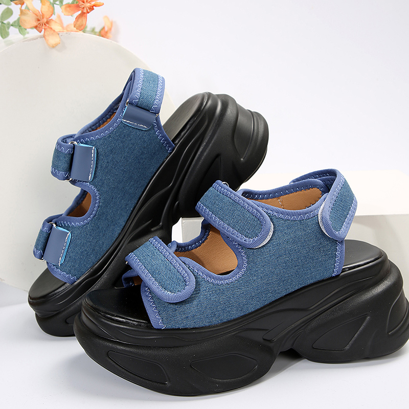 Blue Denim Chunky Platform Sandals Women Summer 2023 Plus Size Wedge Sandals Woman Gothic Hook Loop Thick Bottom Sandalias Mujer