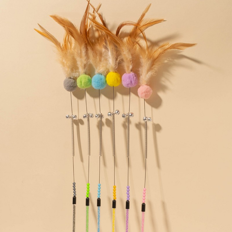 Cat Toys Feather Cat Stick Bite Resistant Steel Wire Spring Feather Interactive Cats Toy with Bell Wool Ball Kitten Toy Sticks